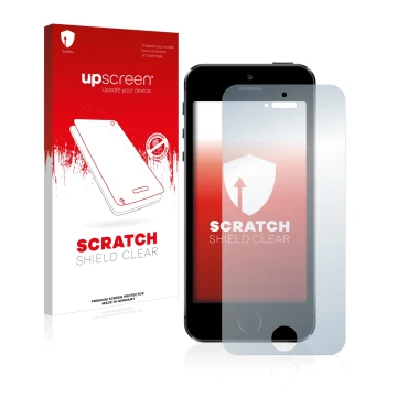 Face avant d’un emballage produit avec le logo de la marque upscreen. À côté, l’appareil Apple iPhone 5S est représenté avec l