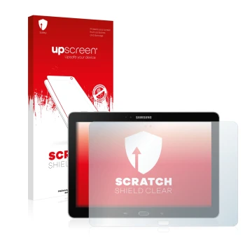 Face avant d’un emballage produit avec le logo de la marque upscreen. À côté, l’appareil Samsung Galaxy Note 10.1 2014 Edition