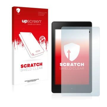 Face avant d’un emballage produit avec le logo de la marque upscreen. À côté, l’appareil ASUS Nexus 7 Tablet 2 2013 est représ