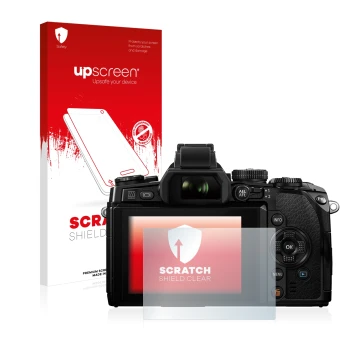 Face avant d’un emballage produit avec le logo de la marque upscreen. À côté, l’appareil Olympus OM-D E-M1 est représenté avec