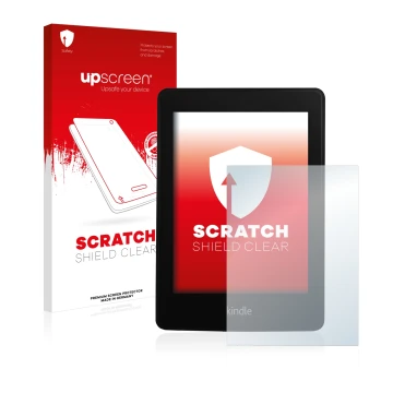 Face avant d’un emballage produit avec le logo de la marque upscreen. À côté, l’appareil Amazon Kindle Paperwhite 2013 est rep