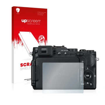Face avant d’un emballage produit avec le logo de la marque upscreen. À côté, l’appareil Nikon Coolpix P7800 est représenté av