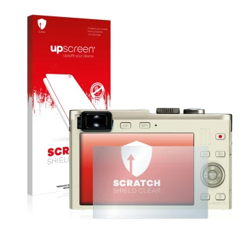 Face avant d’un emballage produit avec le logo de la marque upscreen. À côté, l’appareil Leica C (Typ 112) est représenté avec