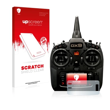 Face avant d’un emballage produit avec le logo de la marque upscreen. À côté, l’appareil Spektrum DX9 est représenté avec la p