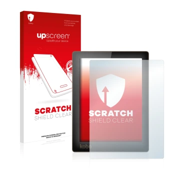 Face avant d’un emballage produit avec le logo de la marque upscreen. À côté, l’appareil Kobo Aura est représenté avec la prot