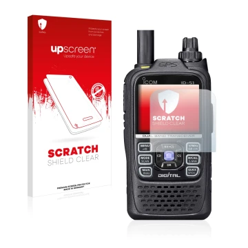 Face avant d’un emballage produit avec le logo de la marque upscreen. À côté, l’appareil Icom ID-51 est représenté avec la pro