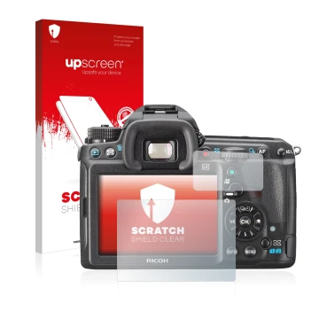Face avant d’un emballage produit avec le logo de la marque upscreen. À côté, l’appareil Pentax K3, K-3 est représenté avec la