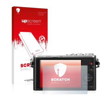 Face avant d’un emballage produit avec le logo de la marque upscreen. À côté, l’appareil Panasonic Lumix DMC-GM1 est représent