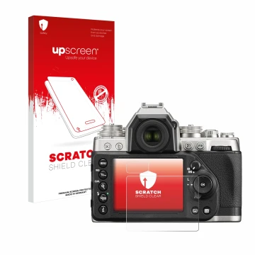 Face avant d’un emballage produit avec le logo de la marque upscreen. À côté, l’appareil Nikon Df est représenté avec la prote