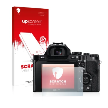 Face avant d’un emballage produit avec le logo de la marque upscreen. À côté, l’appareil Sony Alpha 7R (ILCE-7R) est représent