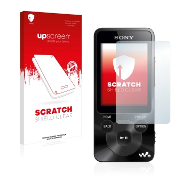 Face avant d’un emballage produit avec le logo de la marque upscreen. À côté, l’appareil Sony Walkman NWZ-E585 est représenté 
