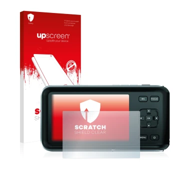 Face avant d’un emballage produit avec le logo de la marque upscreen. À côté, l’appareil Blackmagic Pocket Cinema Camera est r
