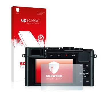 Face avant d’un emballage produit avec le logo de la marque upscreen. À côté, l’appareil Leica D-Lux (Typ 109) est représenté 