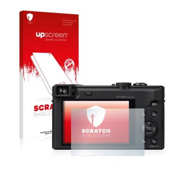 Face avant d’un emballage produit avec le logo de la marque upscreen. À côté, l’appareil Panasonic Lumix DMC-TZ61 est représen