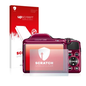 Face avant d’un emballage produit avec le logo de la marque upscreen. À côté, l’appareil Nikon Coolpix L830 est représenté ave