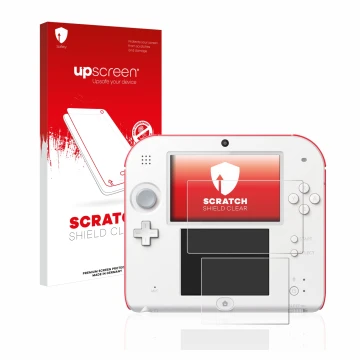 Face avant d’un emballage produit avec le logo de la marque upscreen. À côté, l’appareil Nintendo 2DS est représenté avec la p