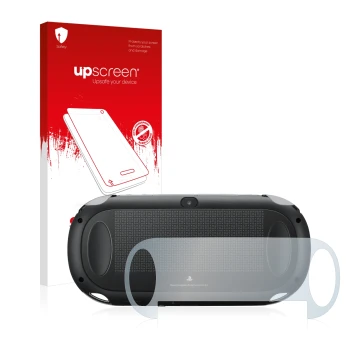 Face avant d’un emballage produit avec le logo de la marque upscreen. À côté, l’appareil Sony Playstation PCH-1000-Serie PS Vi