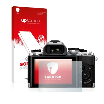 Face avant d’un emballage produit avec le logo de la marque upscreen. À côté, l’appareil Olympus OM-D E-M10 est représenté ave