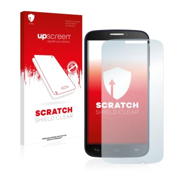 Face avant d’un emballage produit avec le logo de la marque upscreen. À côté, l’appareil Alcatel One Touch Pop C7 7040E est re