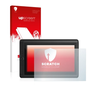 Face avant d’un emballage produit avec le logo de la marque upscreen. À côté, l’appareil Wacom Cintiq 13 HD est représenté ave