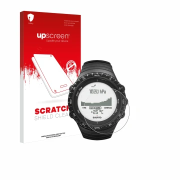 Face avant d’un emballage produit avec le logo de la marque upscreen. À côté, l’appareil Suunto Core Regular Black est représe