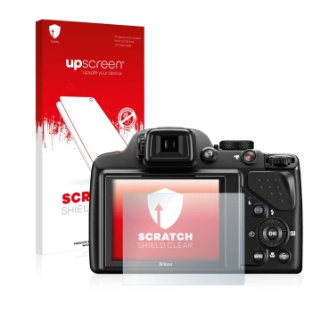 Face avant d’un emballage produit avec le logo de la marque upscreen. À côté, l’appareil Nikon Coolpix P530 est représenté ave