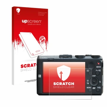 Face avant d’un emballage produit avec le logo de la marque upscreen. À côté, l’appareil Sony Cyber-Shot DSC-HX60 est représen