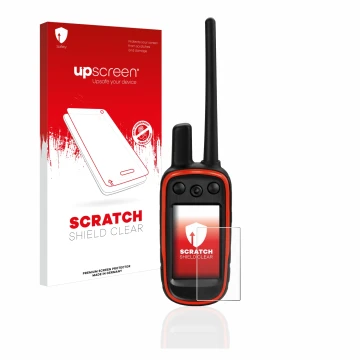 Face avant d’un emballage produit avec le logo de la marque upscreen. À côté, l’appareil Garmin Alpha 100 est représenté avec 