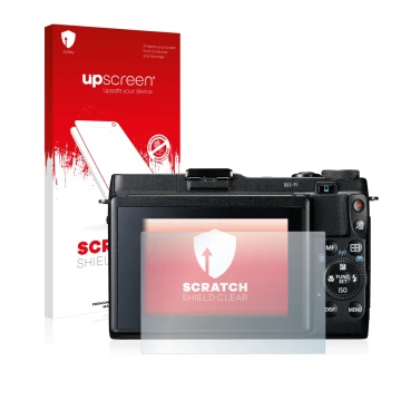 Face avant d’un emballage produit avec le logo de la marque upscreen. À côté, l’appareil Canon PowerShot G1 X Mark II est repr