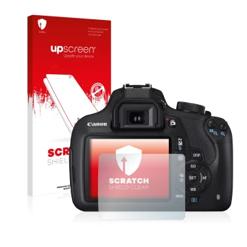 Face avant d’un emballage produit avec le logo de la marque upscreen. À côté, l’appareil Canon EOS 1200D est représenté avec l