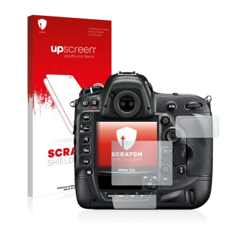 Face avant d’un emballage produit avec le logo de la marque upscreen. À côté, l’appareil Nikon D4S est représenté avec la prot