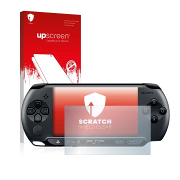 Face avant d’un emballage produit avec le logo de la marque upscreen. À côté, l’appareil Sony PSP 2000 est représenté avec la 