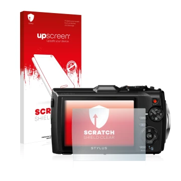 Face avant d’un emballage produit avec le logo de la marque upscreen. À côté, l’appareil Olympus Stylus Tough TG-3 est représe