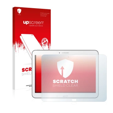 Face avant d’un emballage produit avec le logo de la marque upscreen. À côté, l’appareil Samsung Galaxy Tab 4 10.1 SM-T530 est