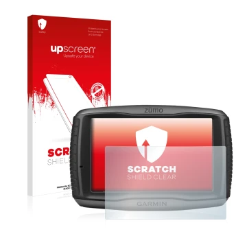 Face avant d’un emballage produit avec le logo de la marque upscreen. À côté, l’appareil Garmin zumo 590LM est représenté avec