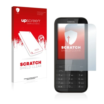 Face avant d’un emballage produit avec le logo de la marque upscreen. À côté, l’appareil Nokia 225 est représenté avec la prot