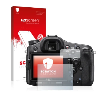 Face avant d’un emballage produit avec le logo de la marque upscreen. À côté, l’appareil Sony Alpha 77 II (SLT-A77 II) est rep
