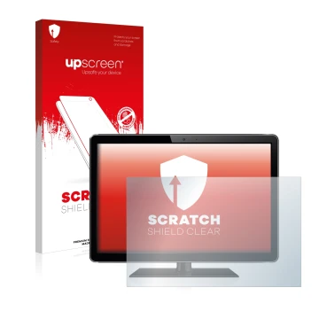 Face avant d’un emballage produit avec le logo de la marque upscreen. À côté, l’appareil est représenté avec la protection d’é