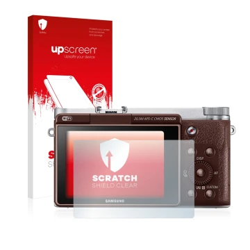 Face avant d’un emballage produit avec le logo de la marque upscreen. À côté, l’appareil Samsung NX3000 est représenté avec la