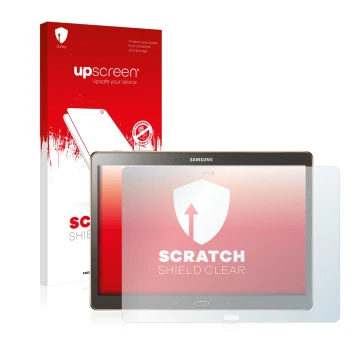 Face avant d’un emballage produit avec le logo de la marque upscreen. À côté, l’appareil Samsung Galaxy Tab S 10.5 SM-T800 est