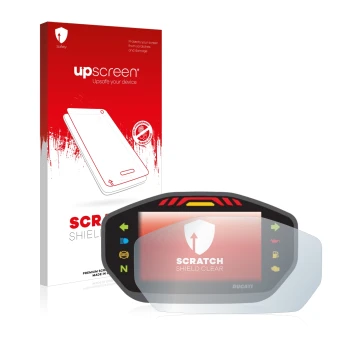 Face avant d’un emballage produit avec le logo de la marque upscreen. À côté, l’appareil Ducati Monster 1200S Colour-TFT-Displ