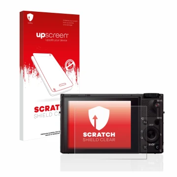 Face avant d’un emballage produit avec le logo de la marque upscreen. À côté, l’appareil Sony Cyber-Shot DSC-RX100 III est rep