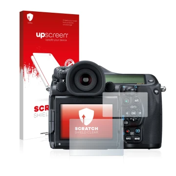 Face avant d’un emballage produit avec le logo de la marque upscreen. À côté, l’appareil Pentax 645Z est représenté avec la pr