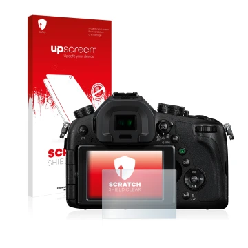 Face avant d’un emballage produit avec le logo de la marque upscreen. À côté, l’appareil Panasonic Lumix DMC-FZ1000 est représ