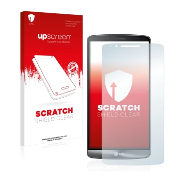 Face avant d’un emballage produit avec le logo de la marque upscreen. À côté, l’appareil LG G3 Cat. 6 est représenté avec la p