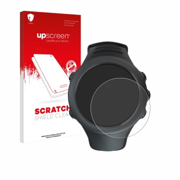 Face avant d’un emballage produit avec le logo de la marque upscreen. À côté, l’appareil Suunto Ambit3 Sport Black est représe