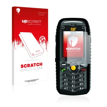 Face avant d’un emballage produit avec le logo de la marque upscreen. À côté, l’appareil Caterpillar Cat B25 est représenté av