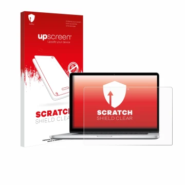 Face avant d’un emballage produit avec le logo de la marque upscreen. À côté, l’appareil Apple MacBook Pro Retina 15