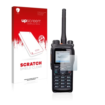 Face avant d’un emballage produit avec le logo de la marque upscreen. À côté, l’appareil Hytera PD785 est représenté avec la p