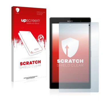 Face avant d’un emballage produit avec le logo de la marque upscreen. À côté, l’appareil Sony Xperia Z3 Tablet Compact SGP611,